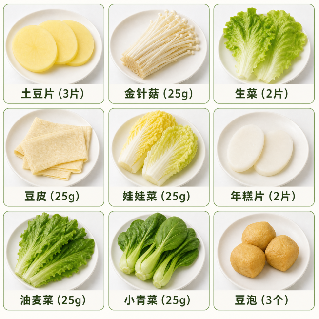 土豆片(3片)
金针菇（25g）
生菜（2片）
豆皮（25g）
娃娃菜（25g）
年糕片（2片）
油麦菜（25g）
小青菜（25g）
豆泡（3个）
做一个九宫格预览效果