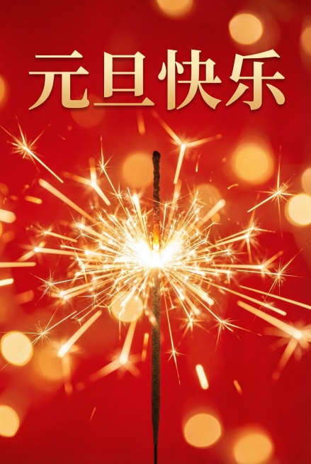 新年主题竖版海报，大红色喜庆背景，中心燃烧的烟花仙女棒，顶部添加文案“元旦快乐”，整体氛围温馨红火，节日感满满，保持原图风格预览效果