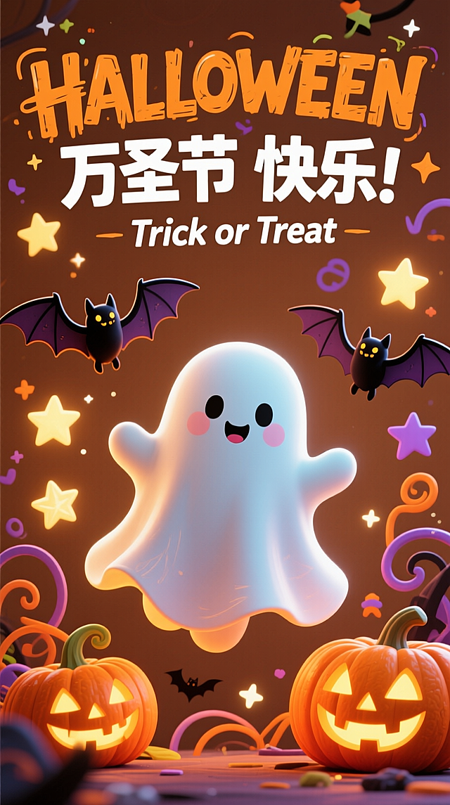主体是造型灵动、表情可爱的幽灵形象；围绕幽灵装饰蝙蝠、星星、曲线、南瓜灯万圣节装饰。棕色背景。主标题“HALLOWEEN”“万圣节 快乐！”，副标题“Trick or Treat"