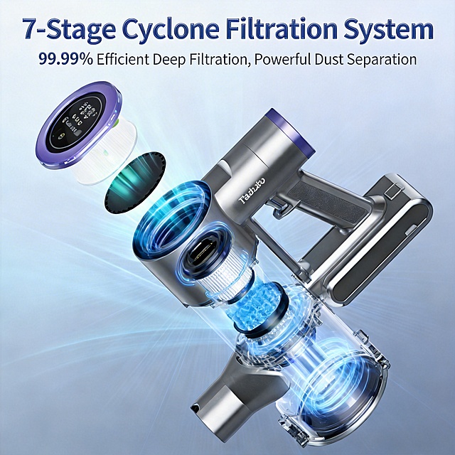 将图片中的中文翻译成英文，“7段气旋过滤系统”译为“7-Stage Cyclone Filtration System”，“99.99%高效深度过滤 强劲分尘”译为“99.99% Efficient Deep Filtration, Powerful Dust Separation”，高清精修图中的吸尘器产品，去除右下角的“豆包AI生成”水印
