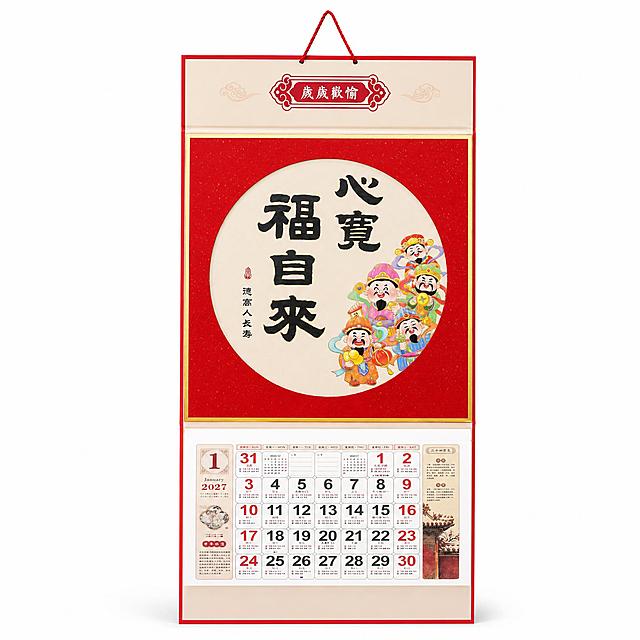产品精修，产品置于纯白背景上，专业商业棚拍光，5500K标准中性白光，轮廓光，体积光，曝光正确，强烈真实立体感，接地处保留干净浅淡的自然接触阴影，严禁大片投影、脏灰阴影和悬浮感，主体居中，商品完整入画不裁切，商品外轮廓视觉体量约画面70%-85%，四周均匀留白约15%-30%，严禁满幅铺满与贴边顶满，极致超清画质，细节清晰锐利，商业级实拍质感，保留原图真实材质与结构细节，明显提升商品表面洁净度，清理灰尘、污渍、指纹、油污、胶痕和霉点，让表面从脏旧发闷变为干净可售卖状态，修复划痕、磨损、掉漆、飞边毛刺和使用旧痕，翻新为干净商业新品感，基于原图材质恢复纹理、颗粒、折射、高光、柔韧折痕、透明边线或工艺细节，避免糊成塑料感，清除底纹、广告条、贴片、角标、文字残留、非商品自带Logo、水印、平台标识和杂色背景，去除非售卖主体杂物、临时垫块、包装垫、支撑块、纸片或填充物，严禁误删商品结构，锁定原图商品颜色，颜色以输入图为唯一参考，分段部件颜色边界按原图锁定，还原真实物理色彩，消除灰暗感和偏色，锁定原图商品轮廓、件数、部件位置、连接关系、标签文字和可见功能细节，只做精修不重绘结构，挂历主体纸面：哑光纸质质感，柔和漫反射，低高光，烫金烫银文字图案：光面金属质感按原图锁定，高光边线清晰，反射干净但不过度镜面化，挂绳：布艺/纺织质感自然，织纹方向清晰，纤维层次真实，正视图，标准透视校正，正常透视焦段，保持同类机位，比例1:1