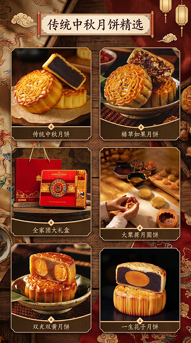 将提供的六张月饼产品图整合为一张竖版产品展示信息长图，保留每张产品图的原有质感和细节，按顺序排列，整体风格统一为中式传统风，适合商品宣传展示