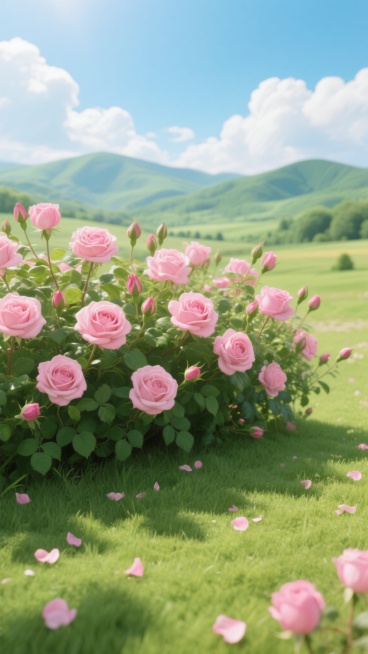 高清超写实3D渲染风格花丛背景，画面以鲜嫩的粉色玫瑰花丛为主体，花朵饱满绽放，点缀着含苞待放的花骨朵，翠绿的枝叶交错生长，铺满整个前景。花丛下是修剪整齐的嫩绿草地，草地上散落着细小的粉色花瓣。背景是开阔的田园风光，远处是连绵起伏的青绿色山峦，天空湛蓝明亮，漂浮着形态柔和的白色云朵，阳光明媚，光线从上方洒下，在花瓣和草地上形成自然的光影效果与细腻阴影，整体色调清新明快，营造出宁静、生机勃勃的春日……预览效果