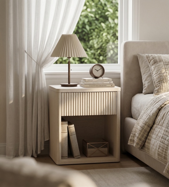 参考图中的床头柜放在画面中心，放置在明亮卧室床边的窗边，搭配软包床和美式风格床品，左侧有白色纱帘，窗外绿植透入柔和自然光，暖调光影，阳光洒入形成明暗对比，体现床头柜波浪纹凹凸起伏的立体感，北欧小清新风预览效果