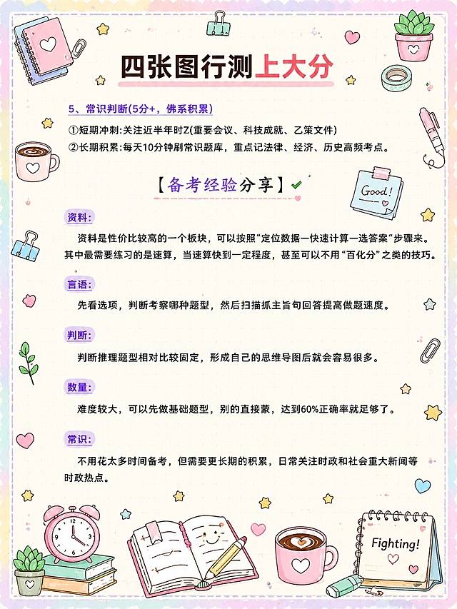 将【图4】改造成马卡龙手账涂鸦风格的小红书笔记内页，整体风格与【图5】保持一致（相似度约80%）。保留【图4】中所有文字内容不变，不得增删改字，不得遮挡任何原文文字。添加浅马卡龙色背景边框，四角有可爱文具类角落装饰。画面四周和文字间隙添加密集但不杂乱的小涂鸦装饰，包括文具、咖啡杯、星星、书本、便签、胶带、回形针、绿植、爱心等手账元素，涂鸦颜色为马卡龙粉、蓝、黄、绿浅色系，线条圆润可爱。重点关键词（常识判断、备考经验分享、资料、言语、判断、数量、常识）保留高亮效果，高亮色为马卡龙紫色/蓝色下划线或色块底。主标题「四张图行测上大分」保持顶部位置，字号适中但醒目。背景为浅米色笔记纸质感，带极淡网格。整体氛围：清新可爱、手账涂鸦风、备考学习感、信息层级清晰、文字全部可读。画质高清细腻，4K。