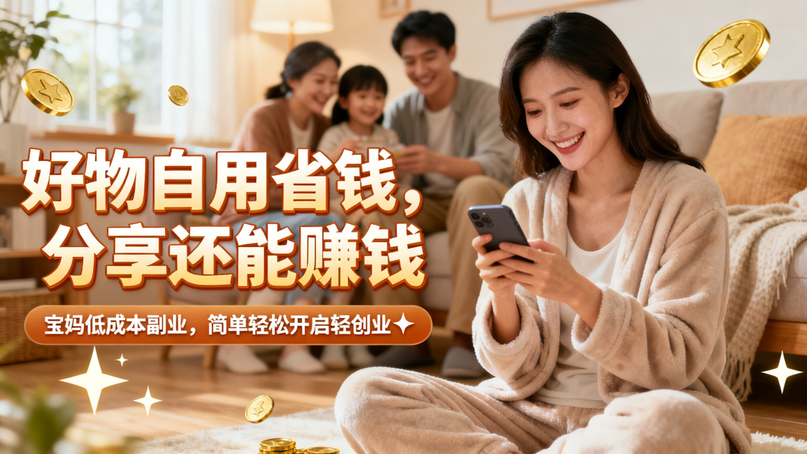 宝妈副业海报，主标题：好物自用省钱，分享还能赚钱。副标题：宝妈低成本副业，简单轻松开启轻创业✨，暖色调温馨家庭背景，年轻宝妈开心微笑使用手机，添加金币和星星元素，主副标题分明，版式舒适清晰。预览效果