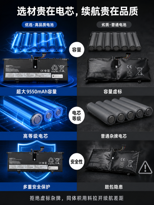 [主图-2] 电池优劣对比屏｜劣质 vs 自家电池对比。
[氛围风格] 专业对比科技风，清晰直观
[画质] 商业摄影质感、光线通透、产品清晰真实、画面干净高级
[元素] 上下两组左右分栏排版：左栏蓝色预览效果
