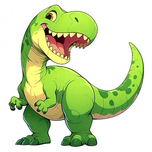 将这张图片转换为清晰的4K矢量图，保留恐龙的造型、绿色斑点配色和卡通风格，转为矢量格式