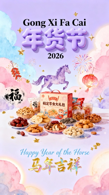 以柔和淡紫色渐变作为梦幻背景，点缀轻柔的粉彩云朵。画面中央聚焦稿定零食大礼包，作为视觉焦点，周围散落着丰富诱人的各类零食，构成热闹洋溢的氛围。左右背景采用浅蓝与棉花糖粉双色柔和过渡，边缘泛起细腻温暖的预览效果