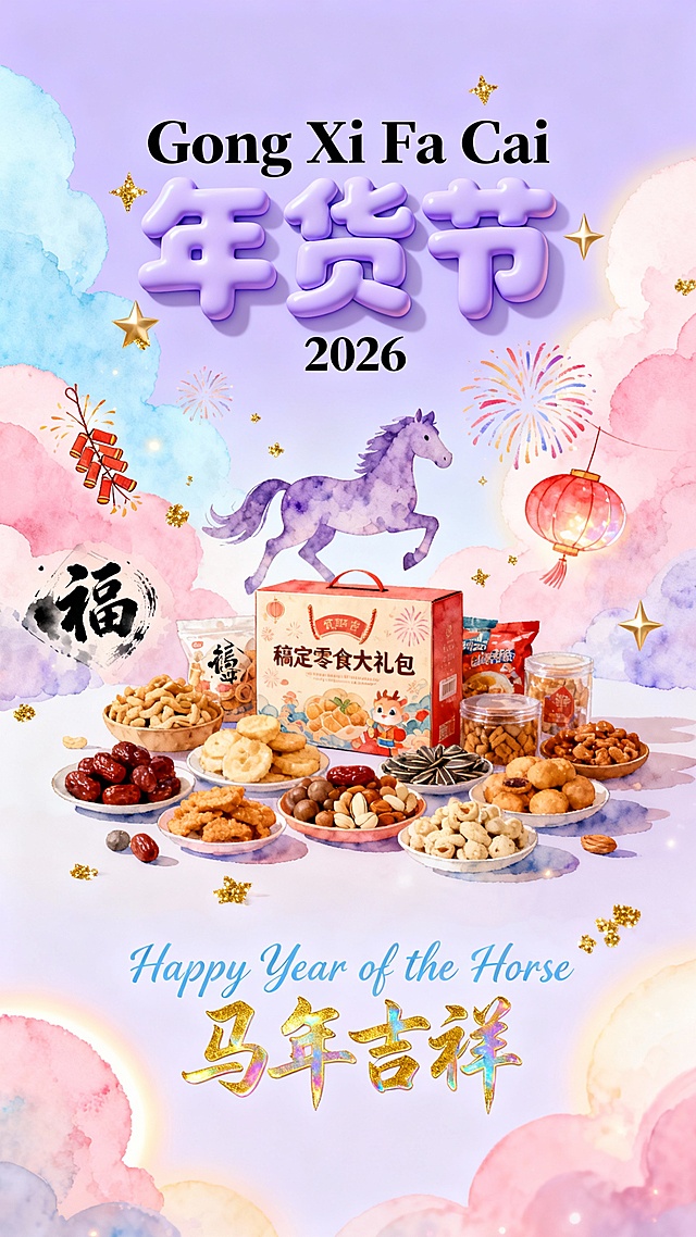 水彩风与软3D结合，梦幻云朵背景衬托卡通骏马与年货，鎏金文字点缀喜庆氛围，插画风格传递2026马年吉祥祝福。
