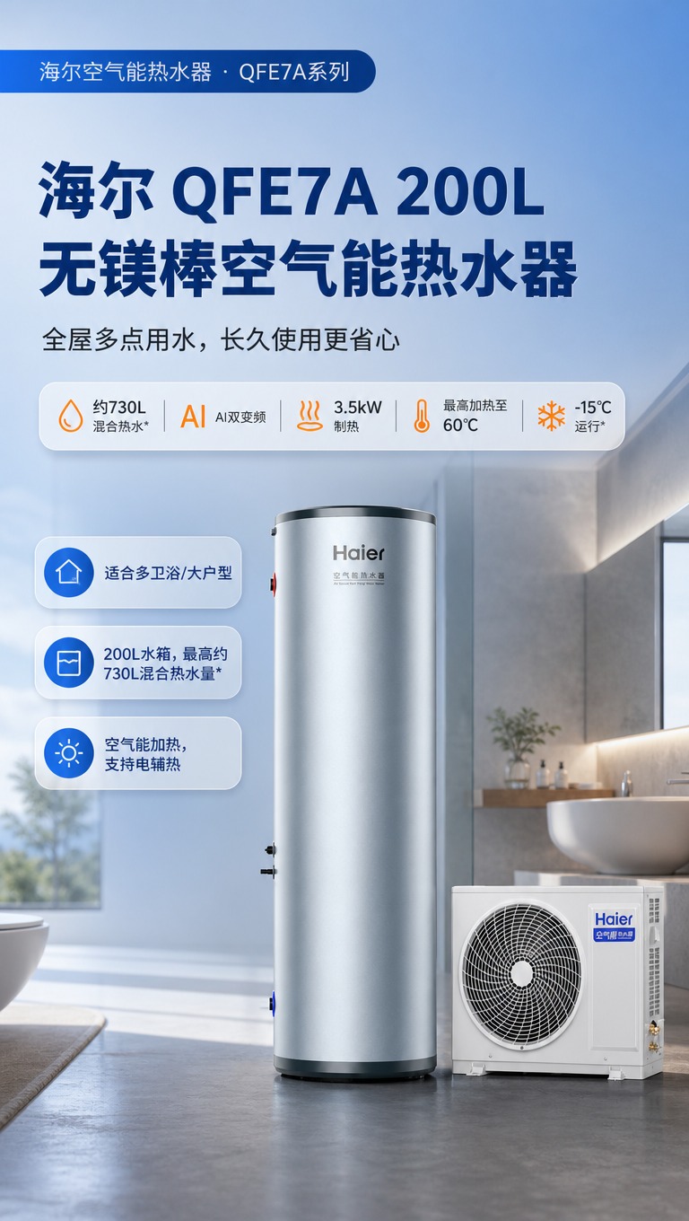 [商品] 使用【图1】海尔QFE7A空气能热水器，含银灰色圆柱… - 图片创意预览