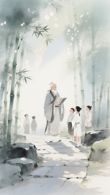 一位老夫子手持书卷站立在竹林掩映的石径上，身旁跟着几位学子。柔和的水彩晕染效果。画面要有水墨丹青的朦胧感，光线透过竹叶洒下斑驳光点。预览效果