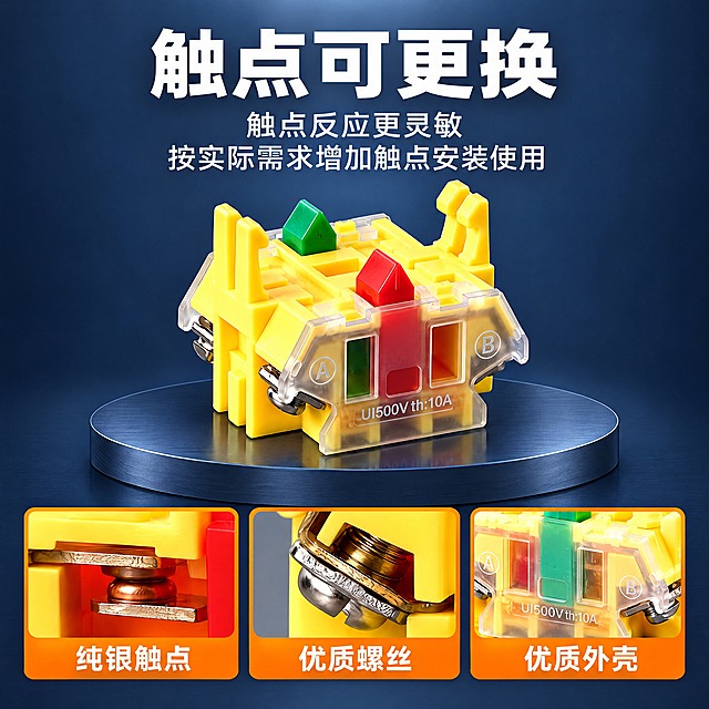 把竖版触点可更换图重新排版成800x800正方形主图。内容一个字都不能少。

顶部大标题"触点可更换"，副标题两行"触点反应更灵敏"/"按实际需求增加触点安装使用"；中间黄色触点模块大图（带透明盖、红绿触点柱、UI500Vith:10A字样）放在深色圆台上；底部三个橙色标签小图"纯银触点"/"优质螺丝"/"优质外壳"；深蓝灰背景、橙色标签条全部保留。

重新排版成正方形：标题在上半部分居中，中间触点模块放大居中，底部三个小图横排一行；不要拉伸产品，文字不要糊。
