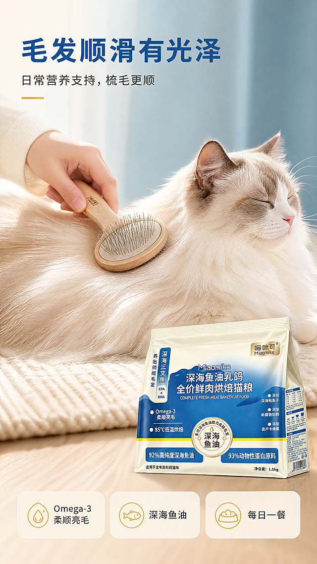 [商品] 使用【图1】喵咪可 Miomike 深海鱼油乳鸽全价鲜肉烘焙猫粮包装：保留奶油米白＋深海蓝拼色、金色圆形Logo、左侧蓝色标签「养出缅貂级毛发」「深海三文鱼」、主标题与底部数据条，包装本体文字一字不改；包装斜倚在画面右下角，占画面约18%。
[画面] 页面目标：以毛发状态呼应「养出缅貂级毛发」卖点。骨架为微距＋动作的特写：上半部为长毛猫（布偶猫）背部与侧腹毛发顺滑蓬松的微距特写，毛丝分明、有自然光泽，占画面约55%；一只亚洲女性手部（动作自然）握软毛刷自左上向右下轻轻梳理，位于画面中部，形成动作链；下半部为猫安静趴在奶油米白亚麻垫上的环境，背景虚化的浅海蓝墙面与木质地板，共3层环境；光从左前侧柔入，使毛发呈现柔润高光。
[视觉] 套系策略：风格=深海洁净高级食材商业摄影，清透真实、微距质感；标题字=现代无衬线黑体粗体；正文字=简洁无衬线体；主色=深海蓝#1B5FA8＋奶油米白#F7F1E4；背景延展=以奶油米白做深浅层级与细腻亚麻/纸张质感，边缘过渡浅海蓝；强调色=暖金#E0A83C，仅用于小面积图标、引线、标签；标题色=深海蓝#1B5FA8；正文色=中暖灰#5A5A56；组件=圆角信息卡、细线引线、胶囊标签、底部数据条；光影=左前侧柔和顶光＋暖调轮廓光，逆光只作背景与轮廓。
[文字] 左上留白区主标题「毛发顺滑有光泽」＋副标题「日常营养支持，梳毛更顺」；底部横排3个短标签「Omega-3 柔顺亮毛」「深海鱼油」「每日一餐」，表述克制，不承诺治疗或见效周期。
[规格] 图片比例9:16竖版，4K，避免变形、错字、糊字、蚂蚁字、竖排或旋转文字、手部畸形、猫体变形、包装文字错乱、水印、平台角标、绝对化用语、医疗功效承诺、冷灰调主导背景。