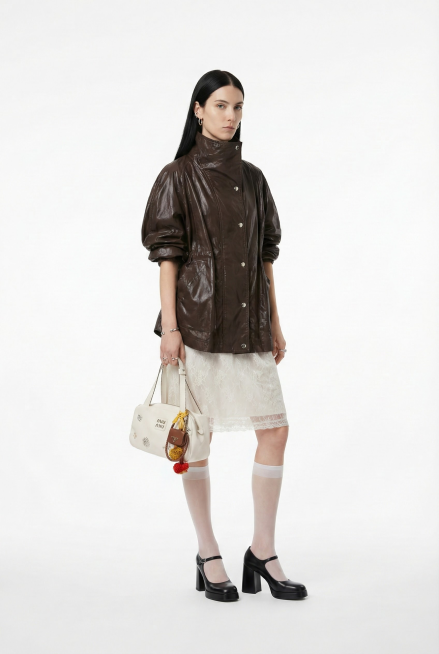 生成女装品牌风格的LOOKBOOK照片，风格参照MIUMIU和Prada，要高级，保留服装所有细节和颜色，包括服装的尺寸和图案。可以适当增加配饰等搭配，不需要腰部配饰，可以改变合适参考图风格的鞋子袜子预览效果