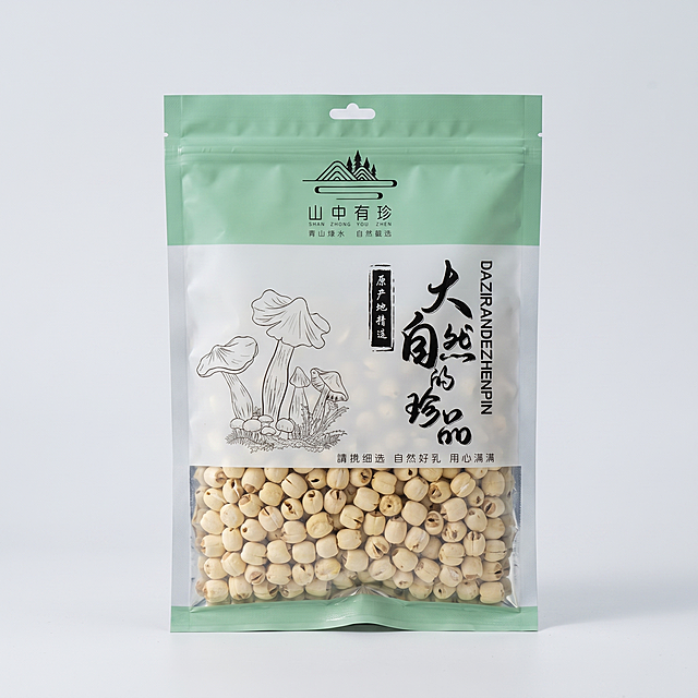 去芯白莲电商主图，浅灰调极简背景，突出包装袋设计和商品本身，文字清晰，高级干净，极简风格更符合年轻人审美，提升点击率