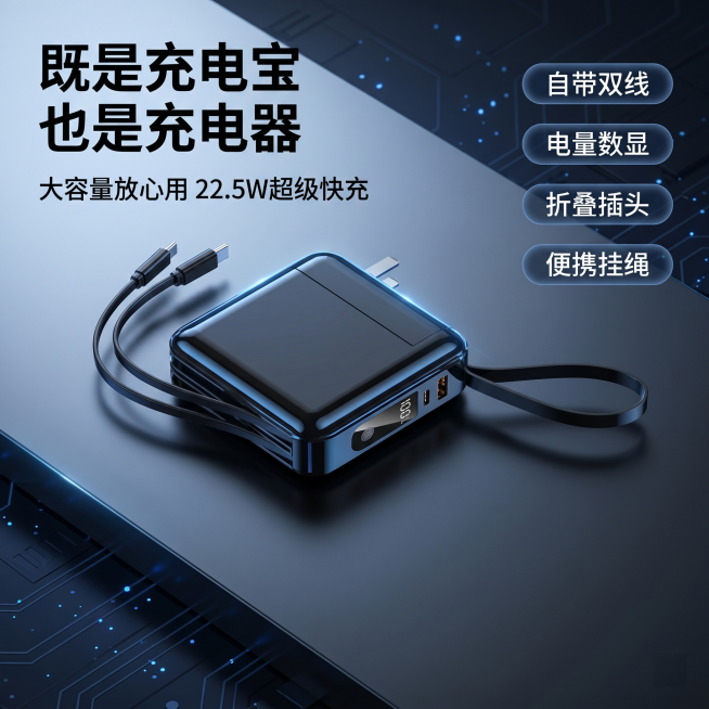 [主图-1] 多功能充电宝充电器二合一产品首图
[氛围风格] 现代科技感，简约高级
[画质] 商业摄影质感，光线柔和通透，产品清晰真实，画面干净高级
[元素] 黑色自带线快充充电宝居中放置，产品保持外预览效果