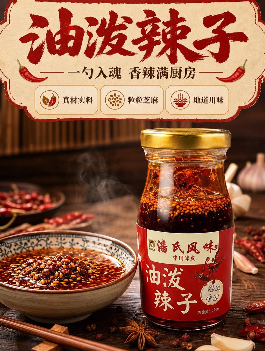 [商品] 使用【图2】潘氏风味油泼辣子玻璃瓶装；保留瓶身结构、… - 图片创意预览