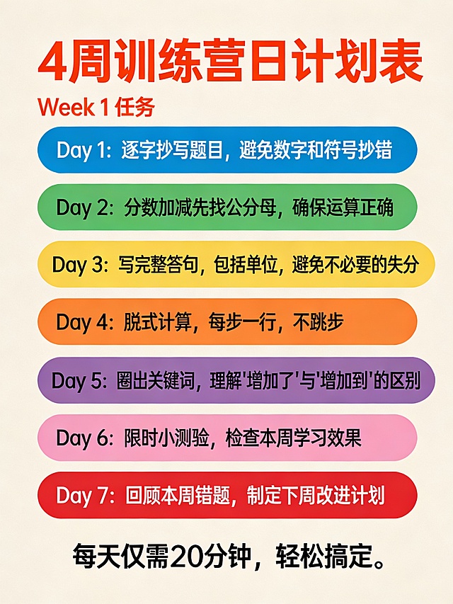 创建一个竖版长方形（3:4）的信息图表，背景颜色使用米色（#FFF8DC）。标题：“4周训练营日计划表”使用大号字体（#FF4500）。展示Week 1的具体任务安排：Day 1（蓝色卡片）：逐字抄写题目，避免数字和符号抄错。
Day 2（绿色卡片）：分数加减先找公分母，确保运算正确。
Day 3（黄色卡片）：写完整答句，包括单位，避免不必要的失分。
Day 4（橙色卡片）：脱式计算，每步一行，不跳步。
Day 5（紫色卡片）：圈出关键词，理解“增加了”与“增加到”的区别。
Day 6（粉色卡片）：限时小测验，检查本周学习效果。
Day 7（红色卡片）：回顾本周错题，制定下周改进计划。。底部加上一句：“每天仅需20分钟，轻松搞定。”