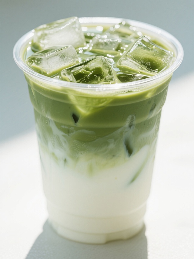 一杯透明塑料杯中装满了分层的冰抹茶拿铁，底层是纯净的白色牛奶，中间是淡雅的浅绿色抹茶层，顶部是深绿色的抹茶浓缩液，杯口覆盖着大量透明的冰块，冰块表面折射出冷冽的光泽，整体呈现出清新自然的渐变色彩，光线从上方柔和照射，在杯壁上形成细腻的光影效果，营造出冰凉清爽的夏日饮品氛围。