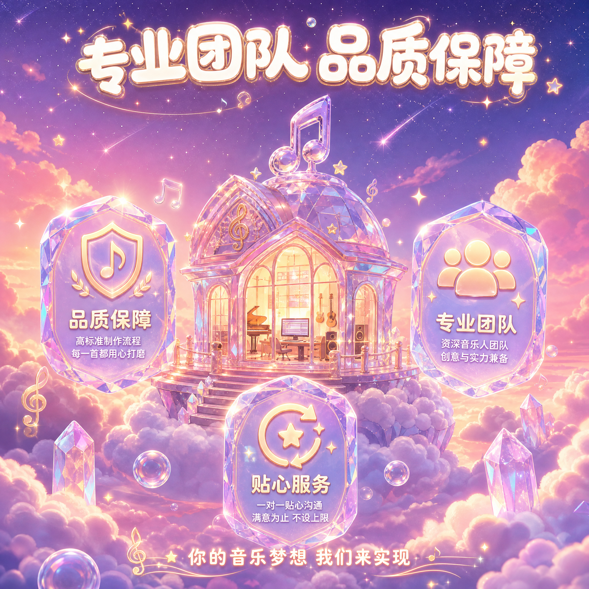 [主图-4] 音乐定制服务团队实力与品质保障展示，梦幻可爱风格… - 图片创意预览