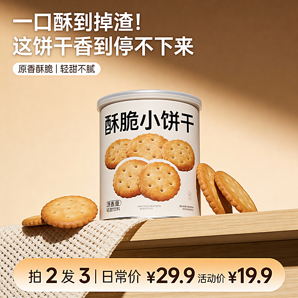 设计类型：写实

设计风格：清新简约

主体：饼干（包装正面朝向镜头展示产品图案，尺寸占画面30%比例；背后衬浅暖棕渐变色块，放置于浅木色简约桌面之上，仰视视角 ）

装饰元素：2-3 片散放的饼干，浅米色编织餐布。 

色调：暖色调

氛围：温馨治愈感

文字信息：主标题（置于画面上部左侧：“一口酥到掉渣！ 这饼干香到停不下来”）；卖点标签小字（置于主标题下方：“原香酥脆 | 轻甜不腻”）；活动信息（置于浅木色渐变圆角矩形内、画面下部：左边是“拍 2 发 3 " 右边是 "日常价 ¥29.9 活动价 ¥19.9”）