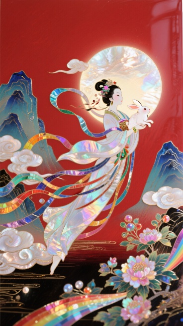 日漫风格，嫦娥怀抱玉兔奔向一轮圆月，衣摆飘逸。周围环绕着祥云和盛开的花朵，背景山脉，红色底色，非常规的动态构图预览效果