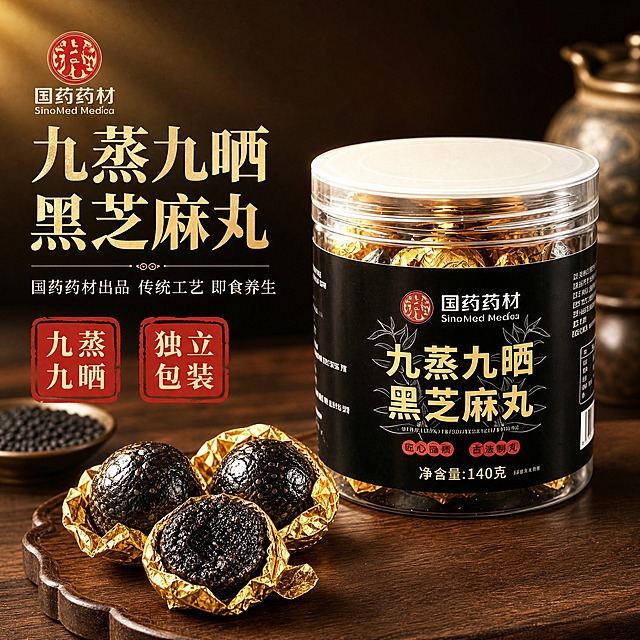 [主图-1] 首图点击率主图，展示国药药材九蒸九晒黑芝麻丸的产品整体与食欲感，吸引点击。
[统一基调] 中式养生品质风格，背景主色为深棕渐变搭配暖金色光晕，标题字色为烫金色，辅助字色为米白色，强调色为朱红色印章色，字体为厚重宋体搭配细黑体，整体传递专业靠谱的国药品质感与传统养生氛围。
[画面] 产品透明罐居中偏右放置，占画面约65%，罐身标签清晰可见国药药材品牌与九蒸九晒黑芝麻丸字样，罐内金箔包装的芝麻丸颗粒饱满可见。罐子左前方摆放3颗拆开金箔纸的黑芝麻丸，其中一颗被掰开露出内部油亮细腻的黑芝麻质地，表面有自然的芝麻光泽。背景为深棕色木质桌面，上方有柔和的暖光从左上打下，形成自然的光影过渡，背景虚化处隐约可见黑芝麻原料与中式陶瓷小碟点缀。左上角放置提取的国药药材红色圆形Logo。
[光影质感] 商业摄影质感，暖调主光从左上方45度照射，罐身玻璃有自然高光反射，芝麻丸表面呈现油润光泽，底部有柔和的接触阴影，整体光线通透温暖，突出食材质感。
[配色] 深棕背景主色，烫金标题字，米白辅助字，朱红印章强调色，黑芝麻本身的深黑色泽与金箔包装的金色形成视觉对比，整体色调统一温暖。
[文字版式] 左侧为文字区域，主标题为大号烫金粗宋体「九蒸九晒黑芝麻丸」，下方辅助文案为细黑体「国药药材出品 传统工艺 即食养生」，再下方用朱红印章样式标注「九蒸九晒」「独立包装」两个核心卖点，文字左对齐排列，不遮挡产品主体。
[输出要求] 1:1正方形比例，文字清晰可读，产品清晰完整不变形，无错字，无杂乱元素，无水印，无平台Logo，禁止出现医疗功效宣传用语。