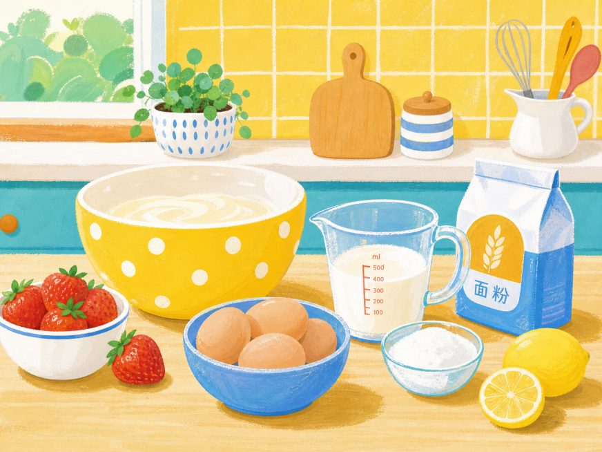 干净明亮的厨房台面特写，儿童认知绘本插画，平涂风格，带轻微水粉和蜡笔相融合的肌理，形态合理写实准确，色彩搭配明亮，加点笔触层次，整体对比强烈，画面干净。细节清晰，形态圆润，无尖锐棱角，无写实阴影，风格预览效果