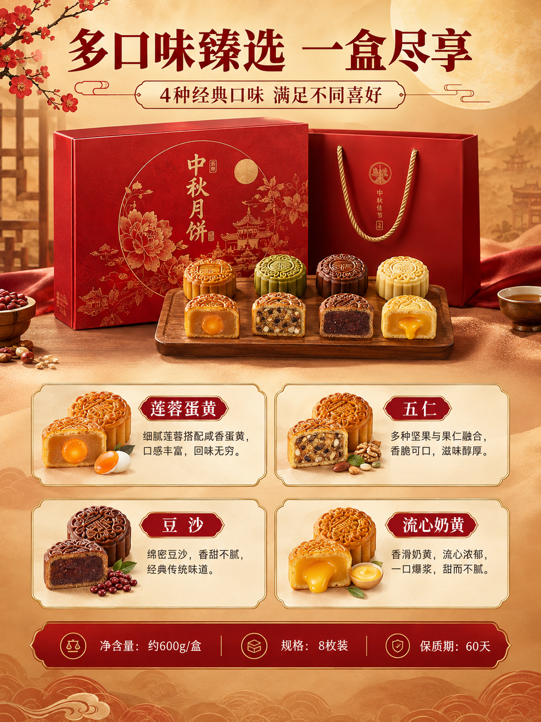 [商品] 中秋月饼礼盒及多口味月饼，朱红烫金礼盒，各口味月饼有… - 图片创意预览