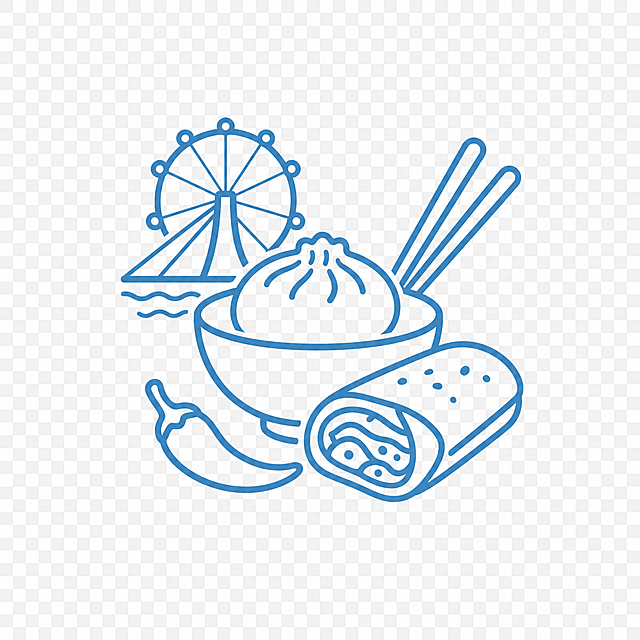 设计天津旅游APP本地美食图标，线性圆角柔和风格，线条2px，尺寸24×24px，主色#3D8EBF，背景透明，包含碗筷组合并点缀辣椒，呼应天津狗不理包子煎饼果子特色美食，风格简约直观，融入天津旅游元素