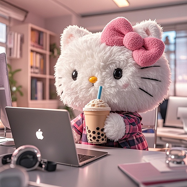 hello的Kitty拿着奶茶打工
