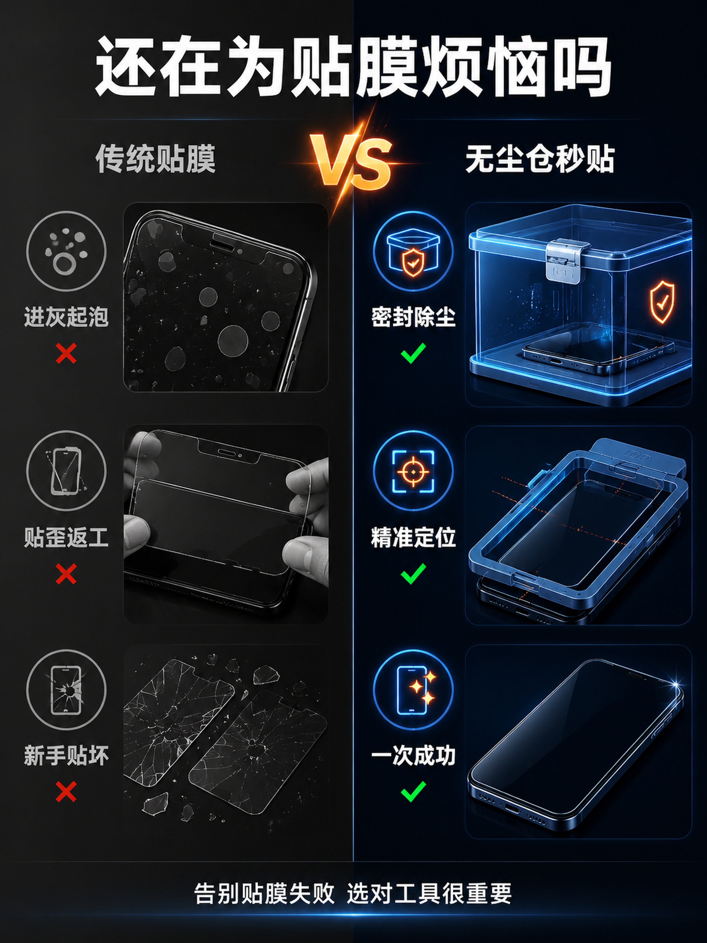 [第2屏] 痛点直击-传统贴膜痛点对比。本屏无需产品图，为痛点… - 图片创意预览