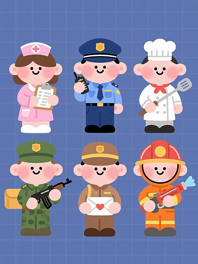 一组6个不同职业人物的插画集合，每个角色都采用相同的可爱卡通风格，圆润的线条，柔和的渐变色彩，简洁的造型，纯色背景，规整的网格排布。包括：穿着粉色护士服、戴着护士帽、手持病历夹的护士；穿着蓝色警服、戴着警帽、手持对讲机的警察；穿着白色厨师服、戴着厨师帽、手持锅铲的厨师；穿着绿色军装、戴着军帽、手持步枪的军人；穿着棕色邮递员制服、戴着邮递员帽、手持信件的邮递员；穿着橙色消防员制服、戴着消防头盔、手持水枪的消防员。每个角色都有微笑的表情和腮红，整体色彩明快活泼，职业特征鲜明。