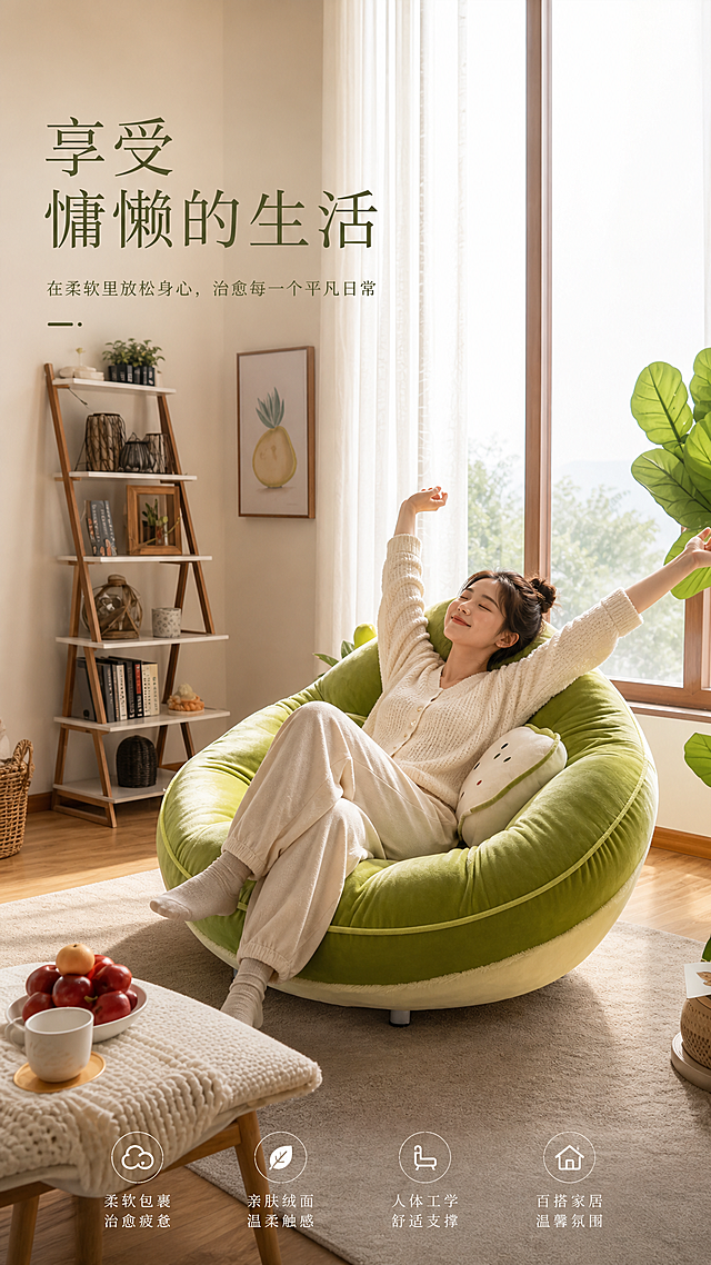 在这张图的基础上，调整为海报比例，在懒人沙发上添加一个伸着懒腰放松的人，在画面合适位置配上文字“享受慵懒的生活”，整体风格温馨自然，保留原图的家居氛围和绿色懒人沙发的质感
