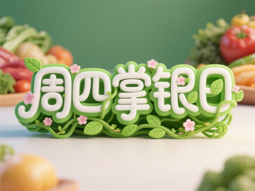 字体设计“周四掌银日”，周四掌银日五个字排成一排，多层字体设计，第一层是白色，第二层是绿色。卡通可爱的藤蔓字体，植物缠绕，有樱花装饰， 叶片花纹字形，字形生动，自由，活泼，简约。生鲜食物背景。高饱和色预览效果