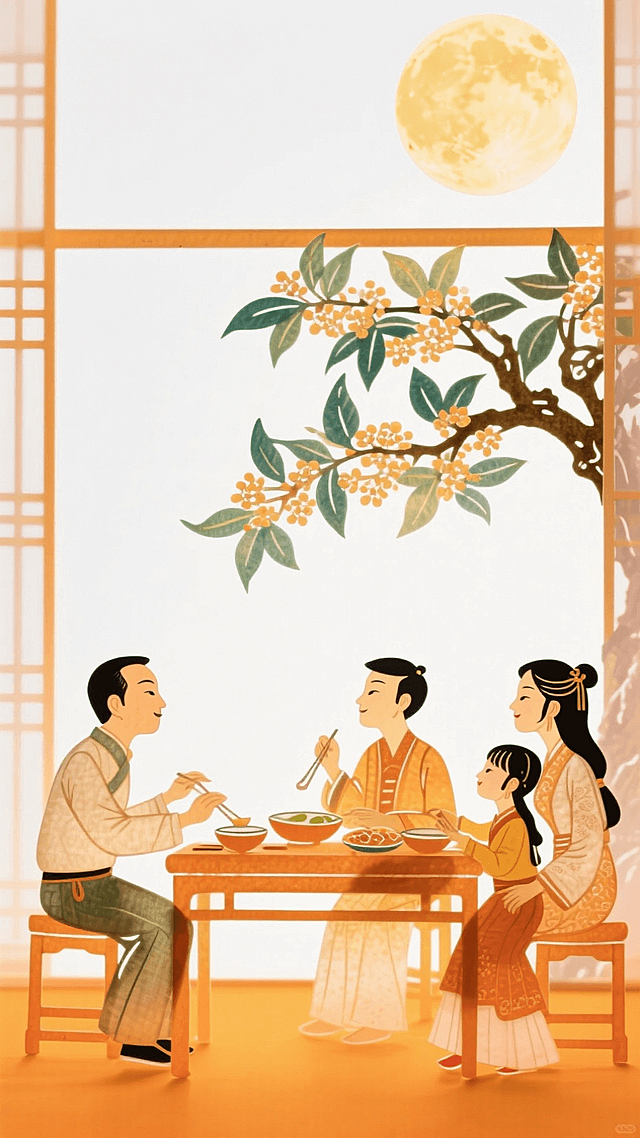 顶部1/2留白。中秋节一家（爸爸、妈妈、哥哥、小妹妹）聚在一起在室内吃饭的场景，窗外巨大的桂花树和一轮圆月，整体清新，橙白撞色，白色背景，明亮的氛围
