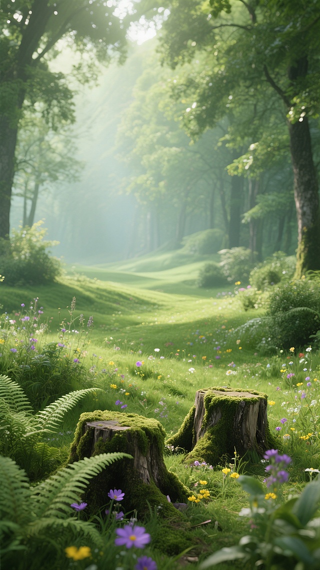 高度写实风格的森林背景，阳光透过茂密树叶洒下柔和光线，营造出清新宁静的氛围。画面近处有两个布满苔藓的树桩，周围环绕着翠绿的蕨类植物和紫色、黄色的小花。中景是起伏的绿色草坪，点缀着各色野花和低矮灌木丛，远处背景呈现朦胧的绿色渐变，充满层次感和深度。整体色调以绿色为主，搭配丰富的花草色彩，光影效果自然柔和，细节精致，展现出森林的生机与静谧之美。