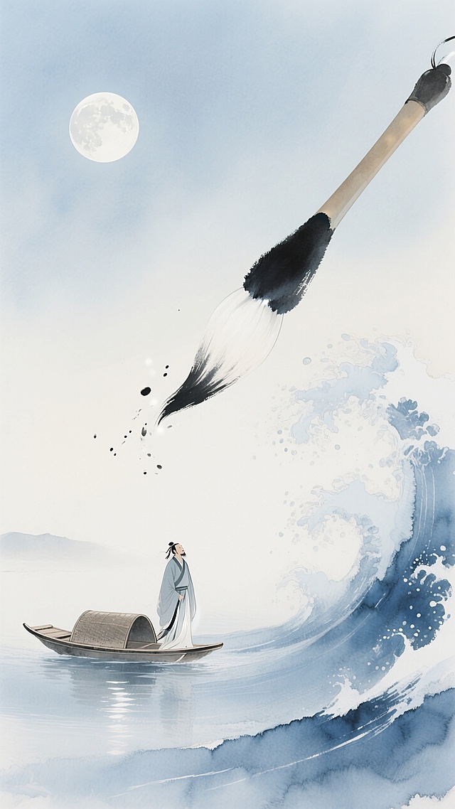 古典中式水墨风，超现实主义梦幻感，月下舟行，笔墨生波。