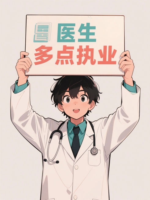 一个医生双手举个牌子 上面写着医生多点执业 要动画风格 背景不要太乱预览效果