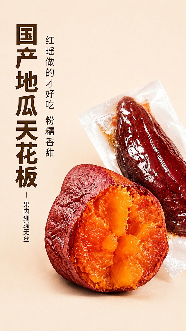 将薯干颜色调整为红润自然，提亮深色区域结构层次，消除偏色灰暗，提升透明包装通透度，保留原图背景、构图、文字和结构不变