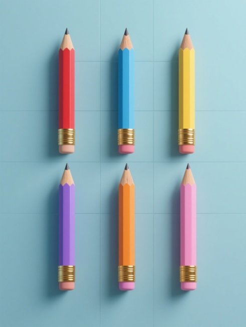 六个不同造型的铅笔元素系列素材集合，每个铅笔均保持写实风格与细腻质感，包括削尖的木质笔芯、圆柱形笔杆、底部金色环状装饰等核心特征，整体画面采用纯色背景，六个铅笔以规整的网格状排布，每个铅笔的整体色彩各不相同，分别呈现红色、蓝色、黄色、紫色、橙色、粉色，光线从上方均匀照射，形成轻微的顶部高光与底部阴影，突出铅笔的立体形态，整体设计简洁明快，视觉层级清晰，便于快速识别与应用。预览效果
