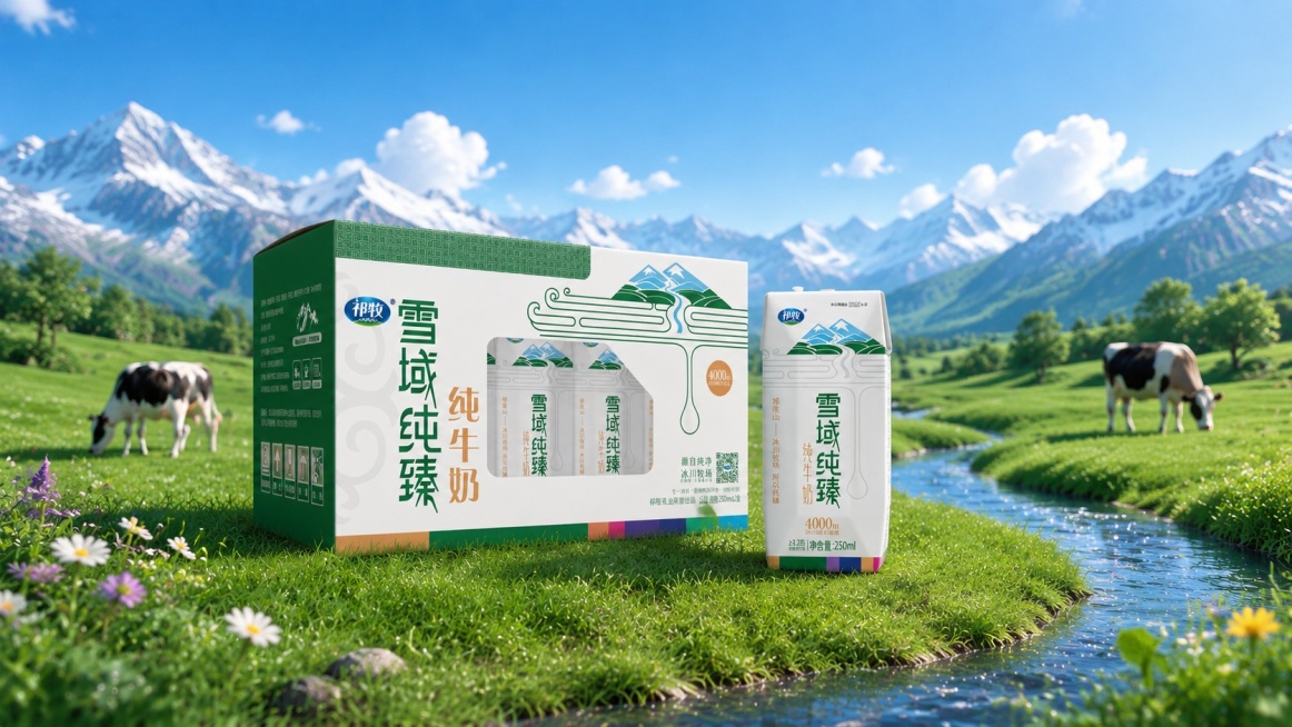 祁牧雪域纯臻纯牛奶饮品，纯牛奶包装盒和包装箱严格参照上传产品图，完整保留所有可见组件、部件、轮廓、结构、比例、材质、颜色与产品本体上的文字信息（logo / 型号 / 规格 / 参数等），与上传图完全预览效果