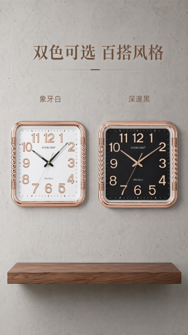 [第2屏] SKU双色合辑展示，欧弗莱极简方形挂钟两款颜色并列展示。本屏使用【图1】和【图2】分别作为白表盘和黑表盘商品主体，保持两款挂钟相同方形轮廓、玫瑰金编织边框的结构材质一致，仅表盘颜色不同。[预览效果