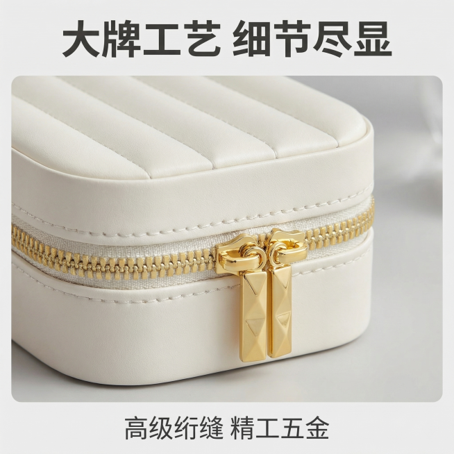 [主图 3] 便携珠宝首饰盒细节特写
[氛围风格] 质感突出，清晰展现产品工艺细节
[画面元素] 商业摄影质感、光线柔和通透、产品清晰真实、画面干净高级。特写放大展示奶白PU皮质立体竖条绗缝和金色双拉预览效果