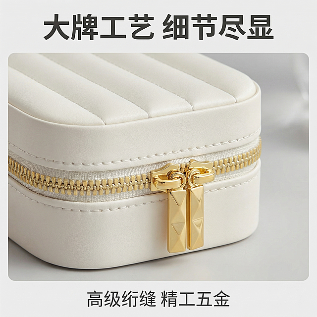 [主图 3] 便携珠宝首饰盒细节特写
[氛围风格] 质感突出，清晰展现产品工艺细节
[画面元素] 商业摄影质感、光线柔和通透、产品清晰真实、画面干净高级。特写放大展示奶白PU皮质立体竖条绗缝和金色双拉链头细节，背景虚化突出产品材质纹理，清晰呈现饱满绗缝纹理和精致菱形切割拉链头，还原轻奢质感。
[配色色系] 主色调：奶白，辅助色：金色，背景浅灰虚化。
[视角构图] 微距特写，主体居中，浅景深突出细节。
[文字版式] 顶部主标题 "大牌工艺 细节尽显" 深灰色粗体，底部标注 "高级绗缝 精工五金" 小号灰色字，不遮挡主体细节。
[比例分辨率] 1:1 比例，2k 分辨率；文字清晰可辨，超高清。
[负向提示词] 变形，水印，文字错乱，产品模糊，背景杂乱