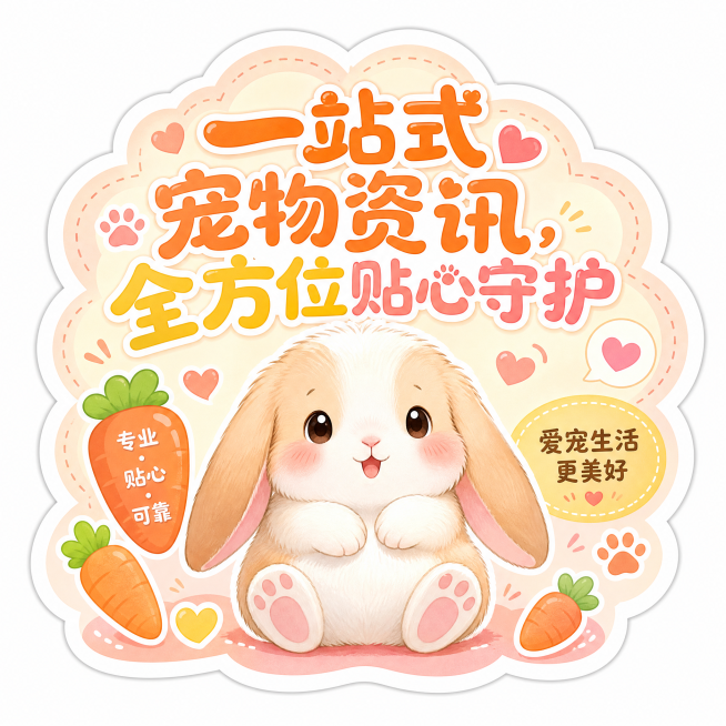 宠物宣传主题异形贴纸，画面中心放置卡通垂耳兔，边缘异形抠图贴合云朵轮廓，圆润活泼大字主标题"一站式宠物资讯，全方位贴心守护"，暖色调配色，边角点缀胡萝卜、爪印、爱心等宠物相关小图标装饰，整体清新温馨预览效果