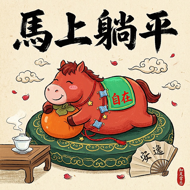 国潮风卡通马拟人躺卧，水墨质感背景，手持柿子寓意“事事如意”，茶香袅袅，扇面题“安逸”，传递舒适自在的中式生活美学。