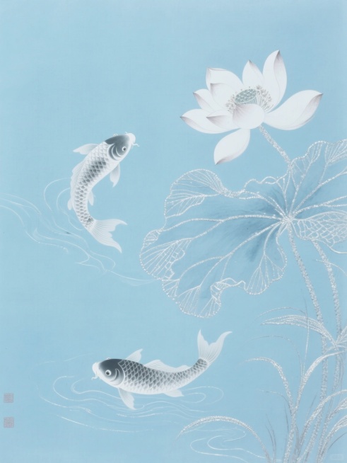 细腻笔触下，一幅浅蓝水墨底上，精巧银白丝线编织出灵动锦鲤与婉约荷花纹，线条婉转如潺潺溪流，疏密间尽显清雅之态，纯澈背景衬出古典雅致，具国风净雅韵味。预览效果