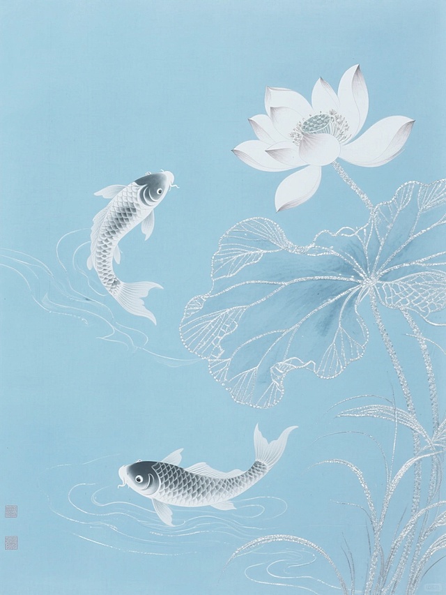 细腻笔触下，一幅浅蓝水墨底上，精巧银白丝线编织出灵动锦鲤与婉约荷花纹，线条婉转如潺潺溪流，疏密间尽显清雅之态，纯澈背景衬出古典雅致，具国风净雅韵味。